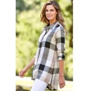 Soft Surroundings Carreaux Linen Blend Button Up Shirt tan plaid